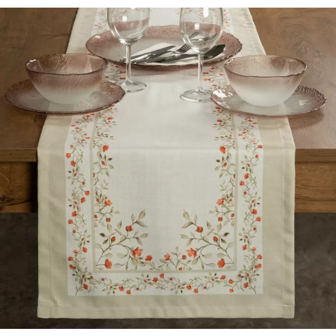 Bieżnik na stół 40x140 cm kremowo, ciemnopomarańczowy zdobiony letnim nadrukiem SUMMER 17