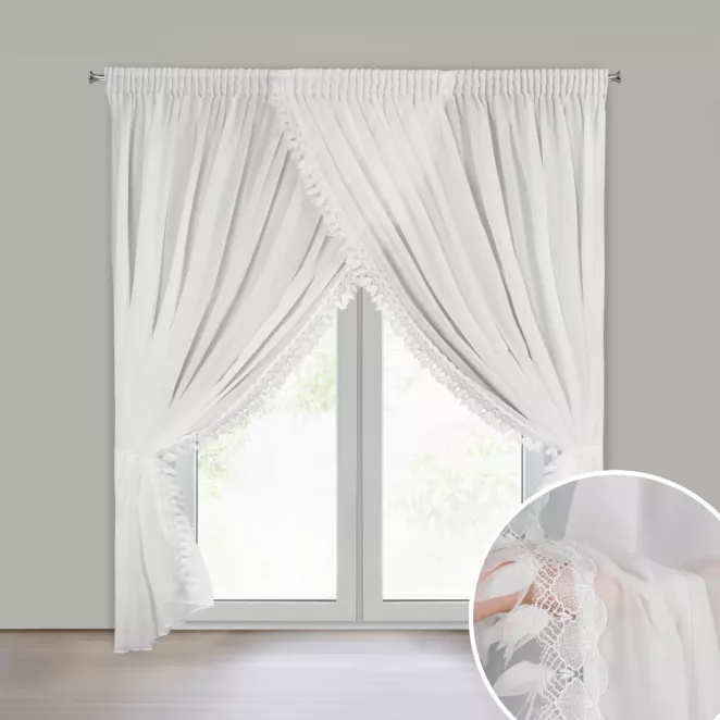 Firana biała z tkaniny szyfonowej zdobiona aplikacją 400x250 cm w zestawie troczki taśma - LORETA1