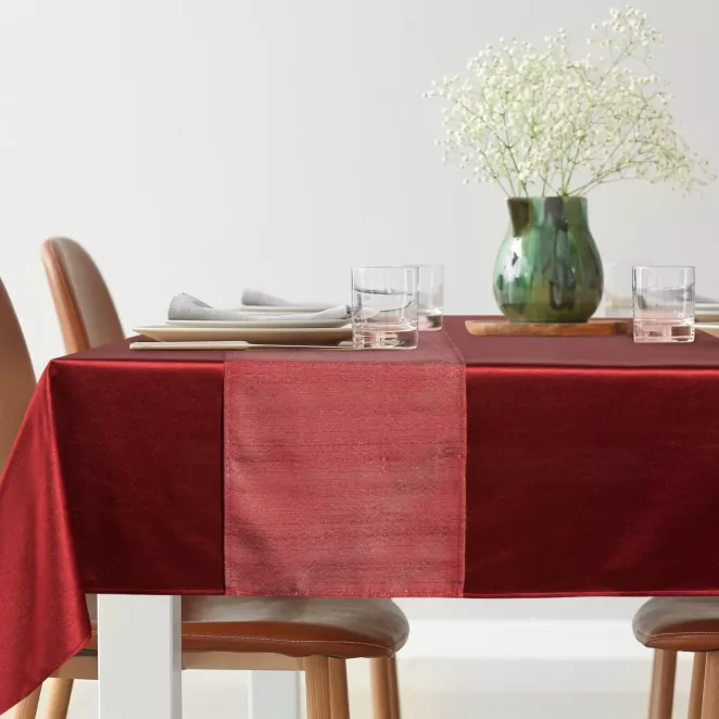 Komplet obrus + bieżnik bordowo, czerwony 140x300 cm o satynowym połysku - GLAMO