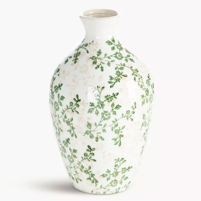 Wazon kremowo, zielony dekoracyjny z motywem roślinnym 18x18x28 cm - kolekcja FOREST SUMMER