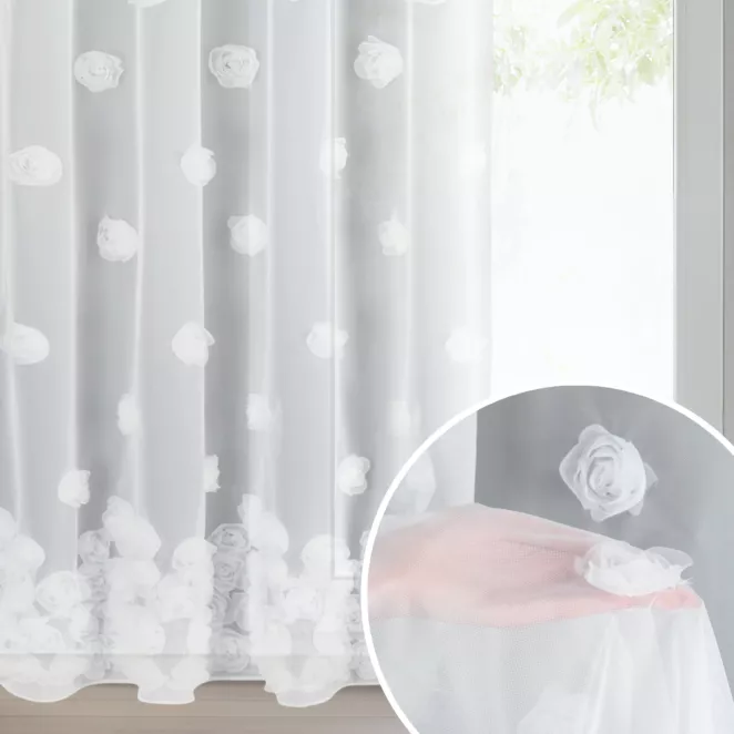 Firana biała z siateczki zdobiona trójwymiarowymi różami 140x270 cm taśma - DIANA