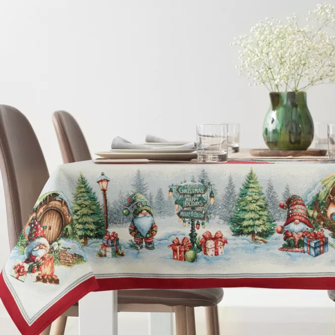 Obrus czerwono, naturalny 140x180 cm gobelinowy z motywem mikołaja w zimowej scenerii