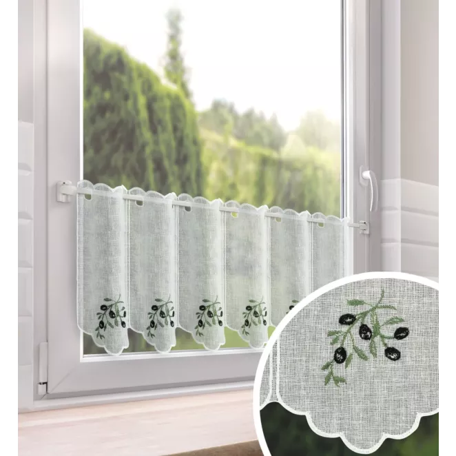 Tkanina firanowa zazdrostka z etaminy zdobiona haftem oliwek