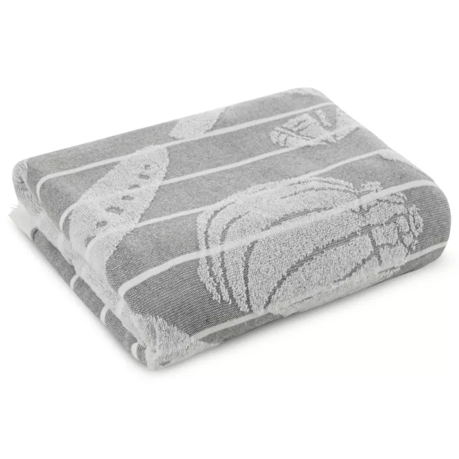 Ręcznik kąpielowy 90x170 cm bawełniany kolor srebrny,biały zdobiony nadrukiem muszelek i frędzli 350g/ m2 CAPRI