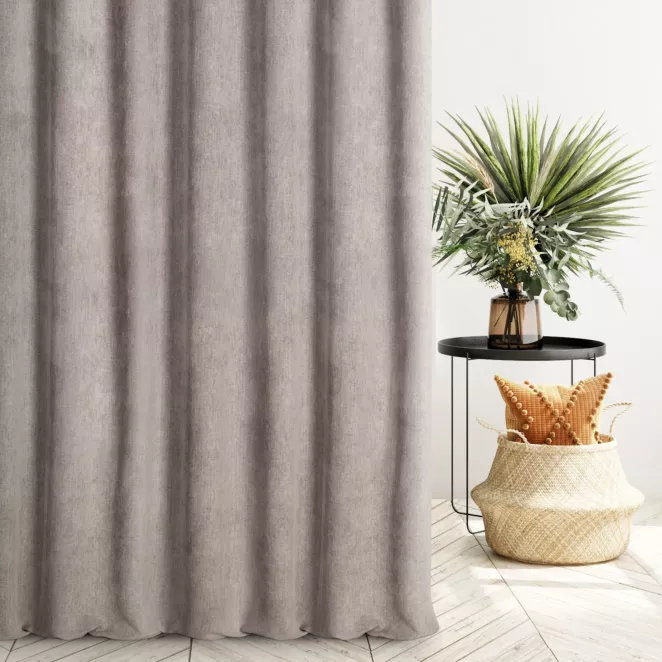 Zasłona szyta na flexach ciemnobeżowa z miękkiej matowej tkaniny szenilowej o naturalnym splocie