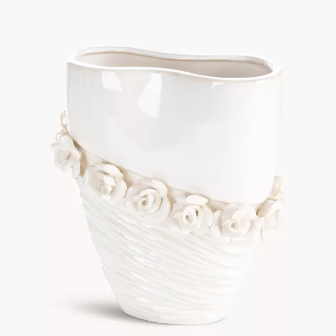 Wazon dekoracyjny kremowy zdobiony kwiatami 3D 18x9x23 cm ELIANA