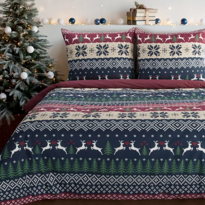 Pościel świąteczna 140x200 cm z bawełny ranforce, kolor granatowy, bordowy z nadrukiem w stylu skandynawskim SKANDY