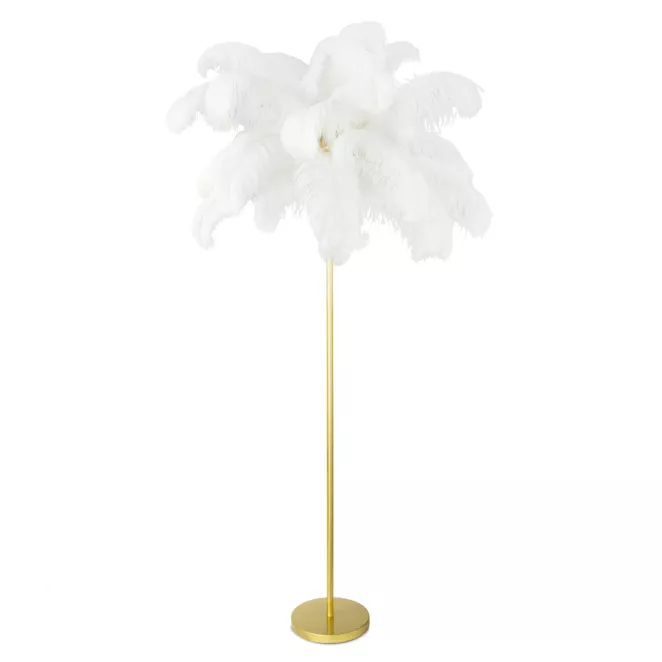 Lampa stojąca do salonu biało, złota FERI na metalowej podstawie z efektownym abażurem z naturalnych strusich piór