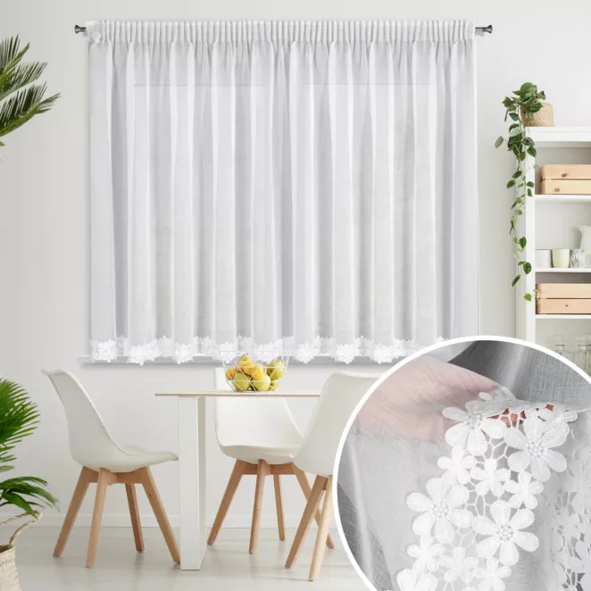 Firana biała z etaminy zdobiona haftowaną gipiurą w kwiaty 350x155 cm taśma - KAJA