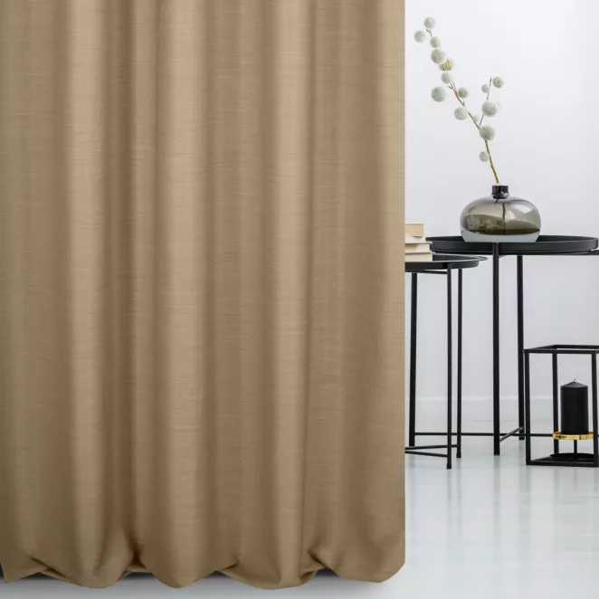 Zasłona szyta na flexach ciemnobeżowa z miękkiej tkaniny o naturalnym splocie w stylu ekologicznym