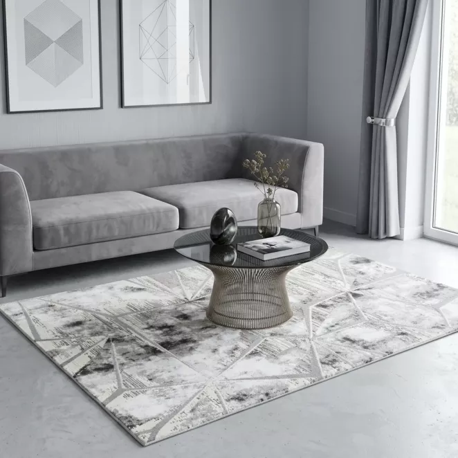 Dywan 60x100 cm stalowo, biały zdobiony geometrycznym przestrzennym wzorem MILAN 5