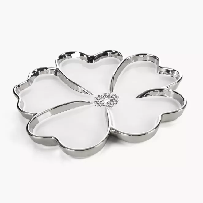 Patera dekoracyjna biało, srebrna w formie stylizowanego kwiatu 33x3 cm NEFRE