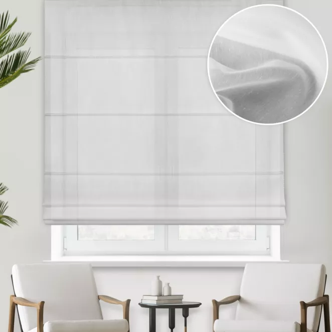 Roleta rzymska biała półprzezroczysta, matowa, z tkaniny typu batyst o niestandardowej wysokości 340cm, wykończona obciążnikiem