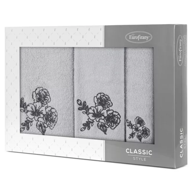 Zestaw ręczników bawełnianych na prezent 3 szt kolor srebrny, stalowy z haftem kwiatów 400 g/m2 MELANI