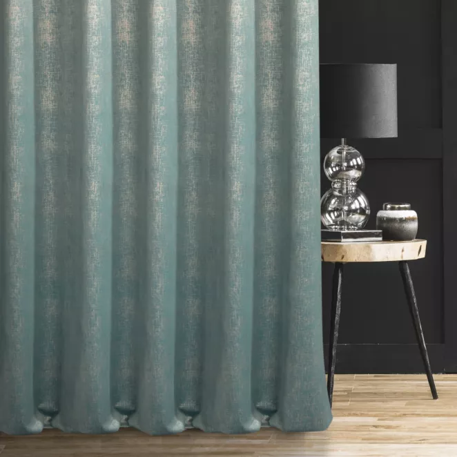 Zasłona szyta na taśmie 5 cm turkusowo złota z miękkiej półmatowej tkaniny welwetowej z metalicznym nadrukiem