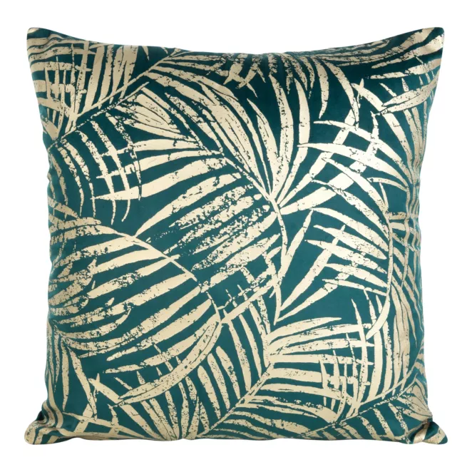 Poszewka na poduszkę 45x45 cm welwetowa ciemnoturkusowa ze złocistym nadrukiem liści BLINK 26