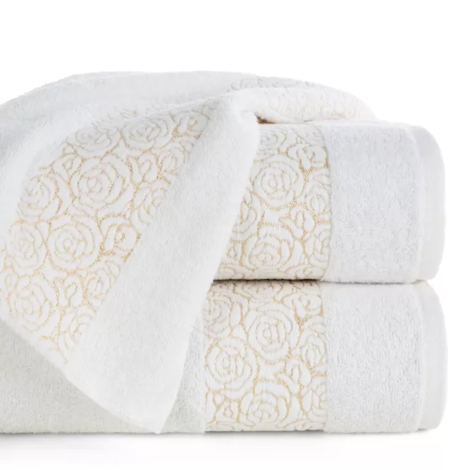 Ręcznik do rąk 30x50 cm bawełniany kolor kremowy zdobiony wytłaczanym motywem róż z dodatkiem błyszczącej nici IRIS