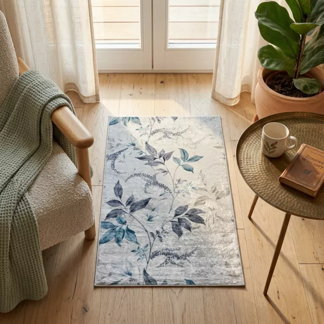 Dywan 50x80 cm kremowo, niebieski zdobiony motywem roślinnym LOTUS 6