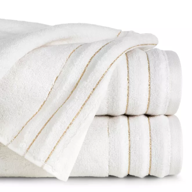 Ręcznik do rąk 30x50 cm bawełniany kolor kremowy zdobiony prążkami z błyszczącej nici 500 g/m2 LUNARI