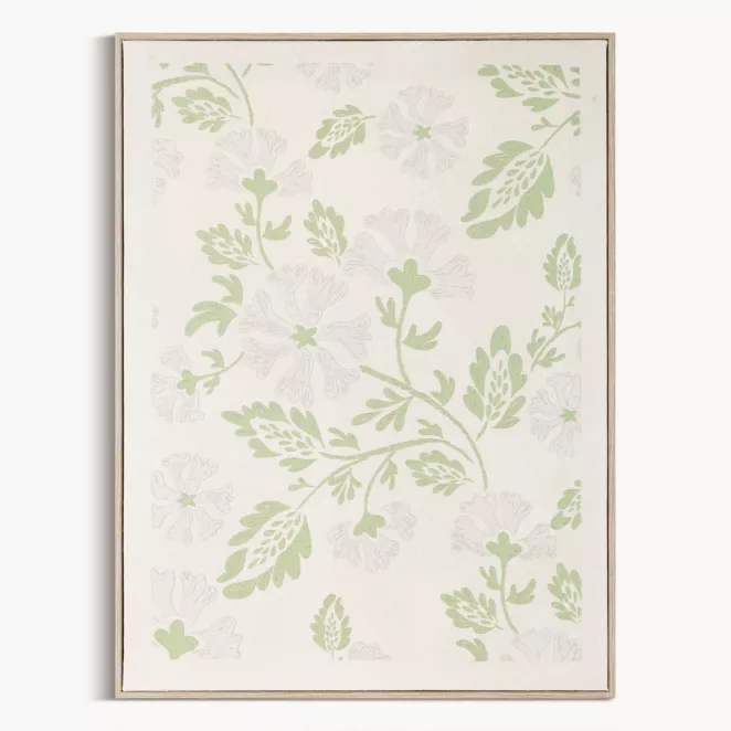 Obraz kremowo, zielony nadruk na płótnie zdobiony drobnymi kwiatami  45x60 cm
