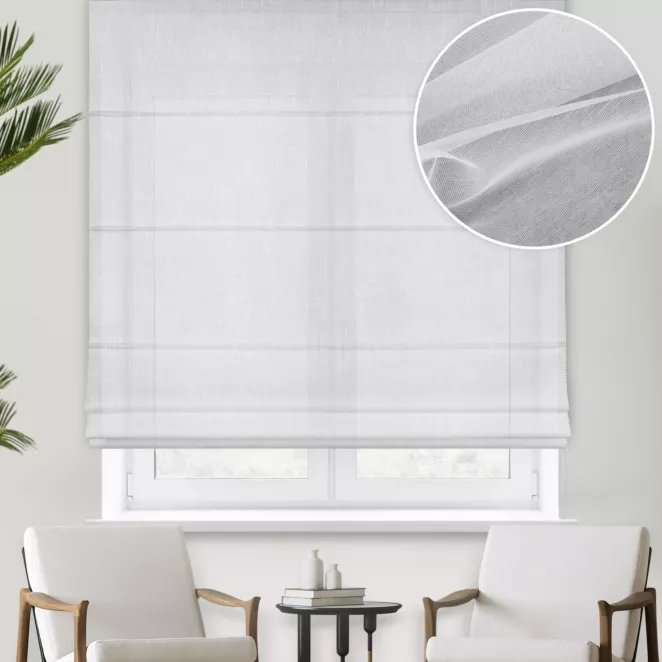 Roleta rzymska biała z matowej tkaniny Aden,wykończona obciążnikiem