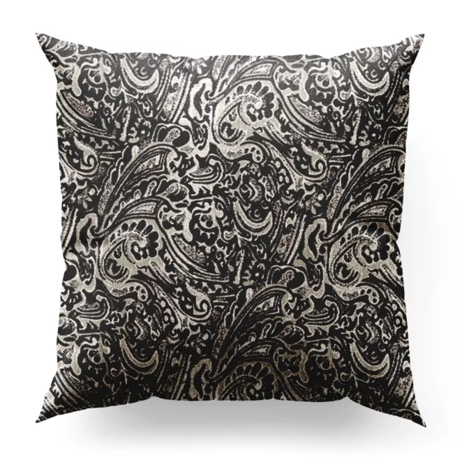 Poszewka szyta czarno popielata z miękkiej tkaniny szenilowej z ornamentowym wzorem