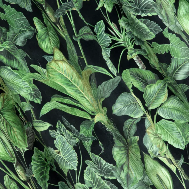 L123/4 Zasłona szyta na taśmie 5 cm czarno zielona z miękkiej, welwetowej tkaniny, z nadrukowanym motywem botanicznym