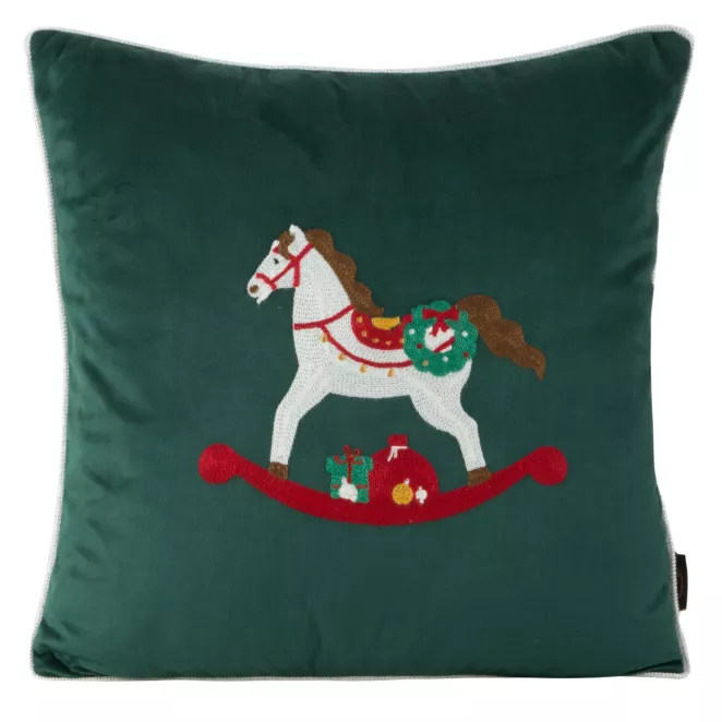 Poszewka na poduszkę 45x45 cm welwetowa kolor zielony z haftem z konikiem na biegunach