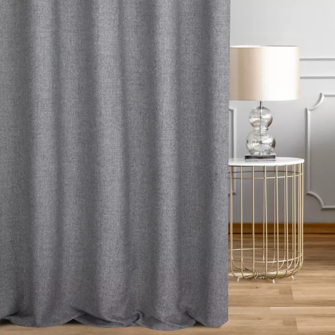 Zasłona szyta na taśmie 5 cm popielata z miękkiej tkaniny w stylu eko, z efektem melanżu, przetykana metaliczną nicią