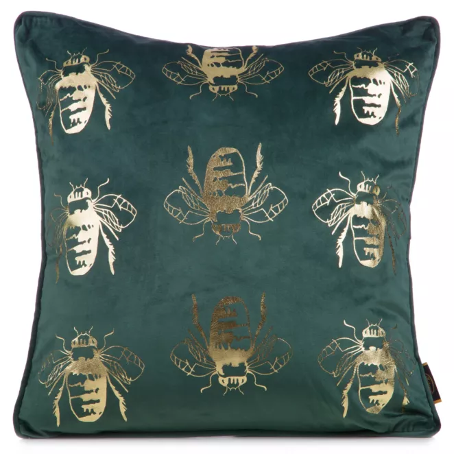 Poszewka na poduszkę 45x45 cm welwetowa kolor ciemnozielony, złocisty z motywem pszczół BILNK