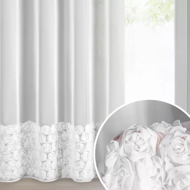 Firana biała z siateczki zdobiona aplikacją 3D w róże 140x250 cm przelotka - ROSES3 - Eva Minge
