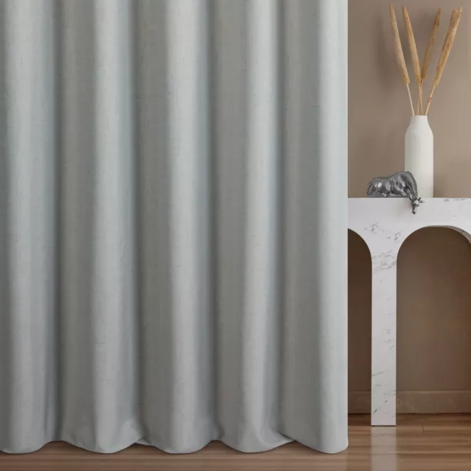 Zasłona szyta na taśmie 5 cm popielata z tkaniny blackout zaciemniającej w 100% o naturalnej strukturze