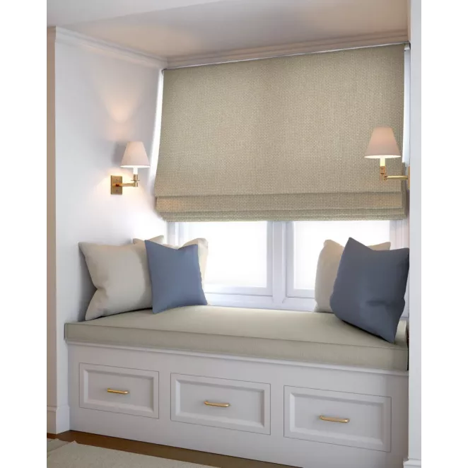 Roleta rzymska beżowa z strukturalnej tkaniny o naturalnym splocie