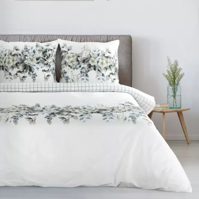 Pościel 220x200 cm bawełniana kolor biały, jasnomiętowy dwustronna z wzorem kwiatów i krateczki NIKA 56