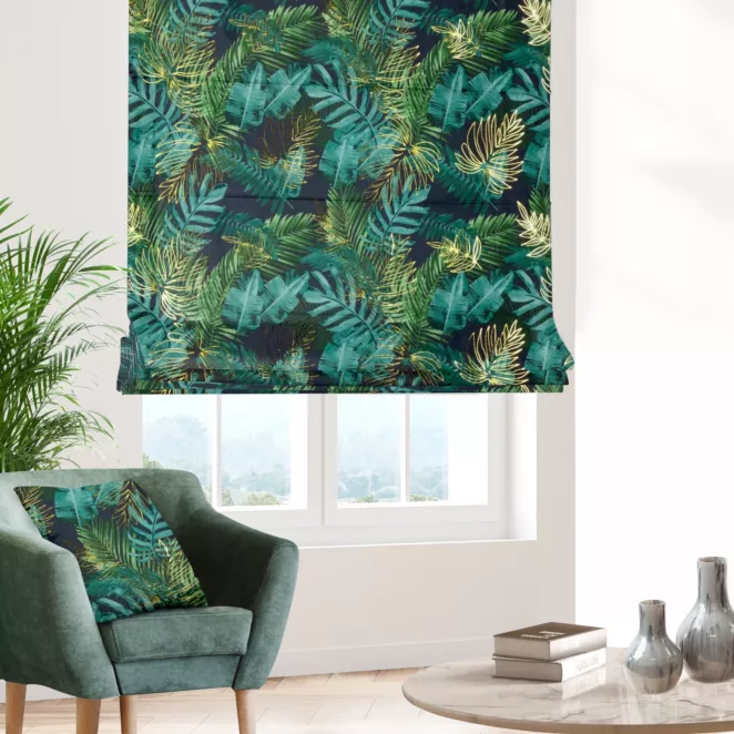Roleta rzymska czarno zielona miękka, welwetowa, z błyszczącym nadrukowanym motywem botanicznym