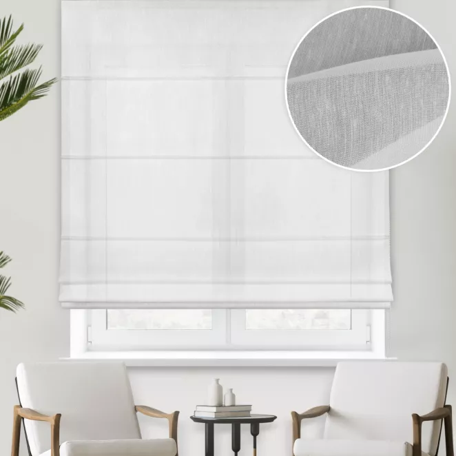 Roleta rzymska biała półprzezroczysta, matowa, o niestandardowej wysokości 360cm, z tkaniny typu batyst, wykończona obciążnikiem