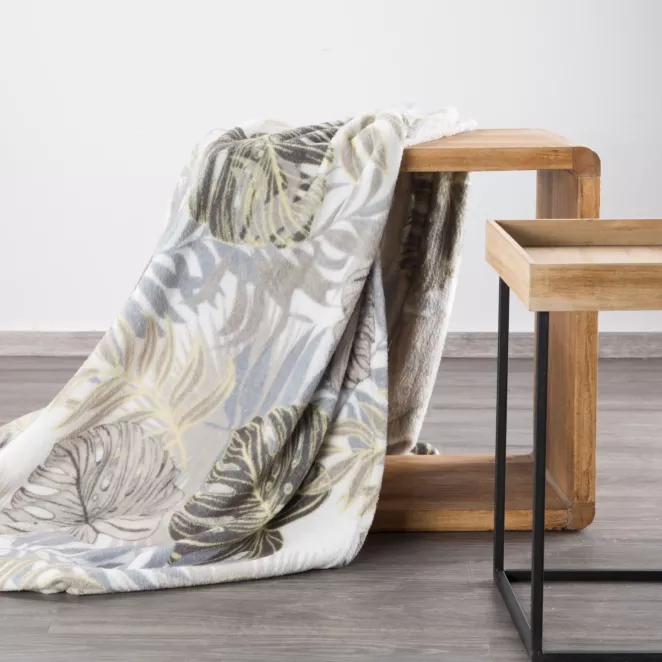 Koc 150x200 cm biało, beżowy miękki w dotyku z nadrukiem liści monstery KORFU Design 91