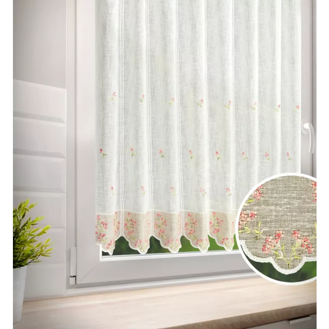 Tkanina firanowa zazdrostka z etaminy zdobiona haftem drobnych kwiatuszków
