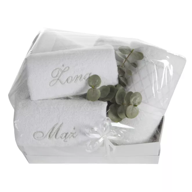 Zestaw ręczników bawełnianych na prezent 2 szt 30x50 cm, 2 szt 50x90 cm, 2szt 70x140 cm kolor biały z subtelnym haftem ŻONA MĄŻ