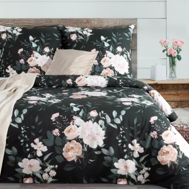 Pościel 140x200 cm bawełna ranforce kolor czarny, szałwiowy z motywem kwiatów ROSITA 1