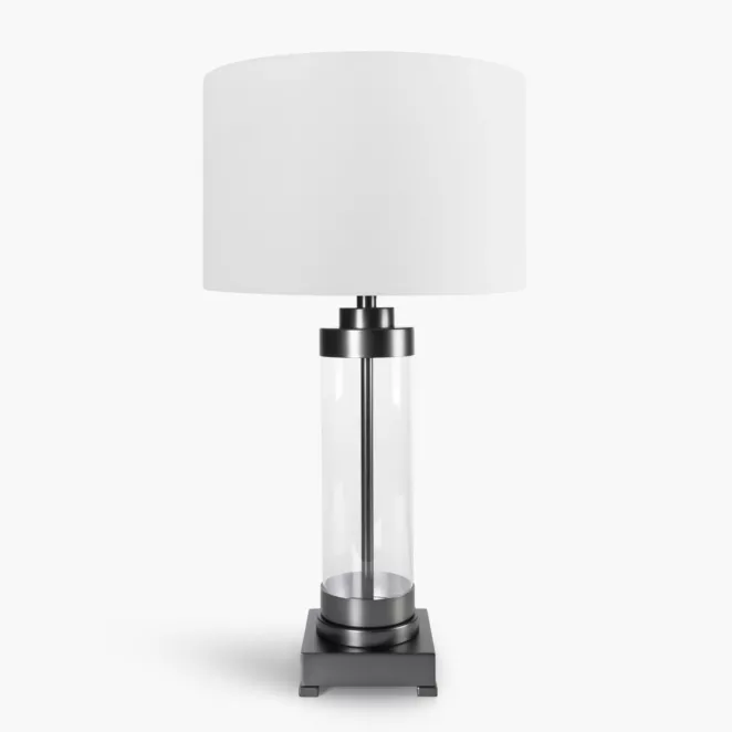 Lampa stołowa do pokoju biało, czarna CLARA o prostej szklanej podstawie