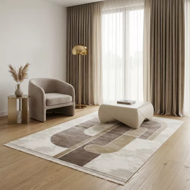 Dywan 140x190 cm beżowy, jasnokremowy zdobiony geometrycznym motywem AURA 7
