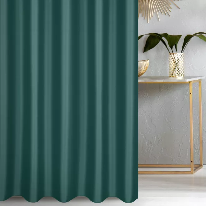 Zasłona szyta na taśmie 5 cm turkusowa z gładkiej tkaniny zaciemniającej typu dimout wykończona obciążnikiem