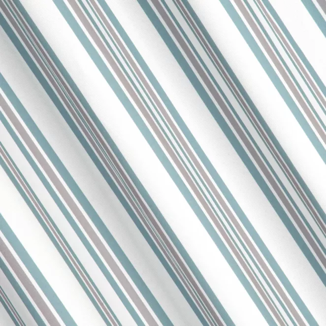 P254/2 Zasłona szyta na taśmie 5 cm jasnokremowo turkusowa z tkaniny o naturalnym splocie z nadrukowanym wzorem w pasy