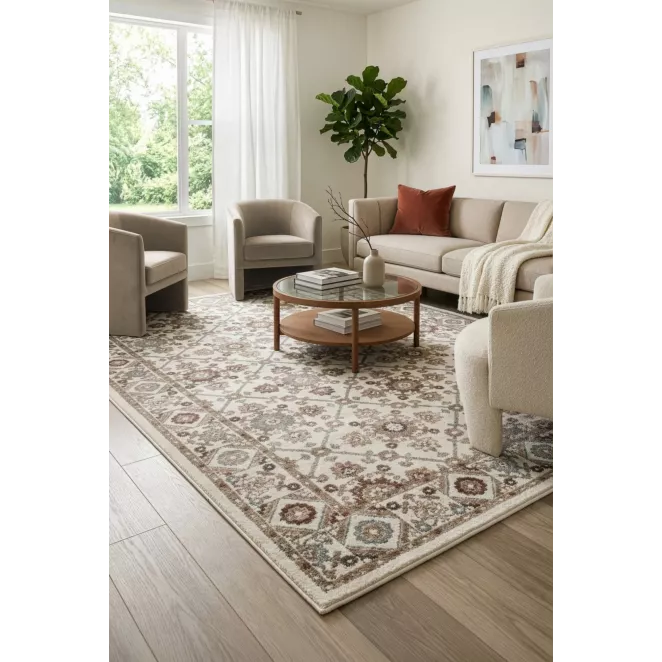 Dywan 140x190 cm kremowo, ceglasty w stylu vintage MONA