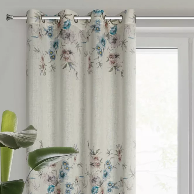 Zasłona naturalno, niebieska zdobiona kwiatami,w stylu eko 140x250 cm przelotka IVY 2
