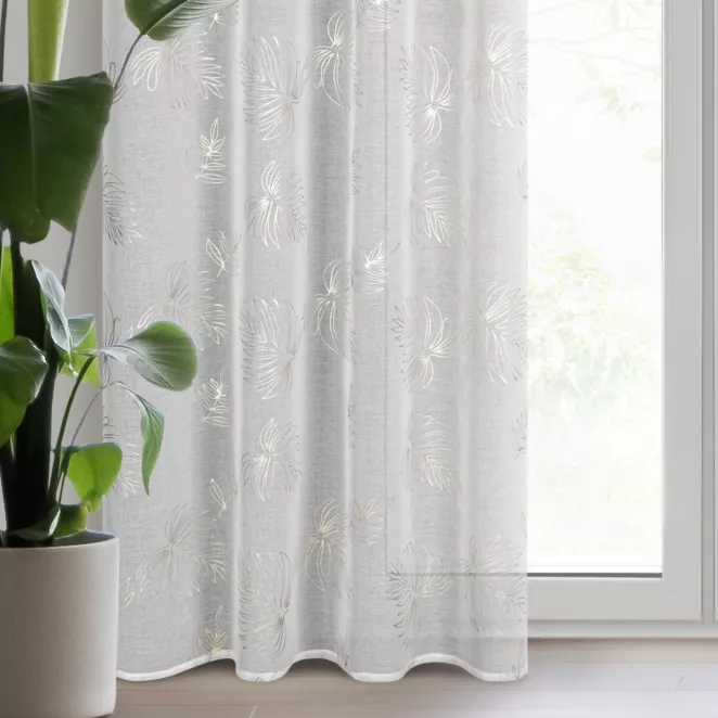 Firana biała z etaminy z delikatnym nadrukiem jasnozłotych palmowych liści 140x250 cm przelotka CAPRI