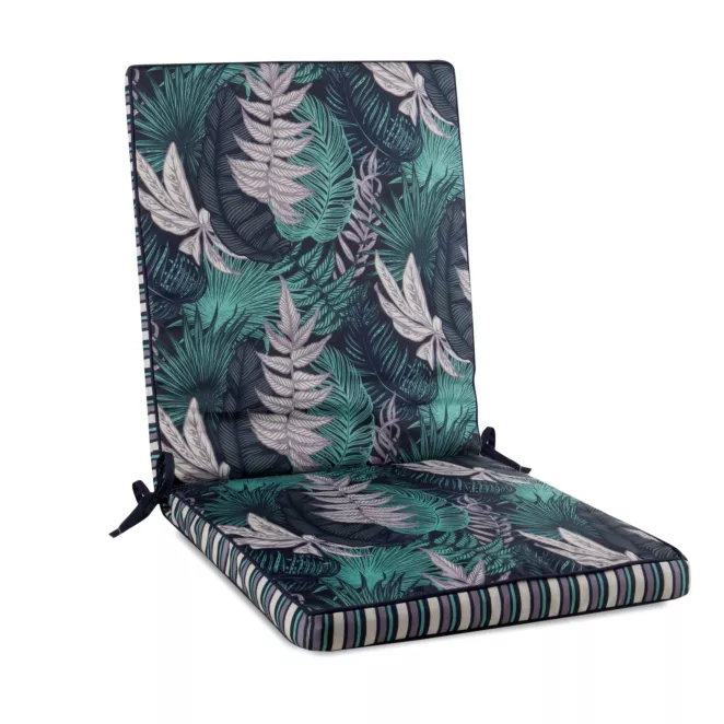 Poduszka na krzesło 42 x 92 x 4 cm wodoodporna granatowo, turkusowa  zdobione motywem botanicznym GARDEN