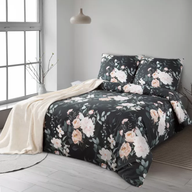 Pościel 160x200 cm bawełna ranforce kolor czarny, szałwiowy z motywem kwiatów ROSITA 1