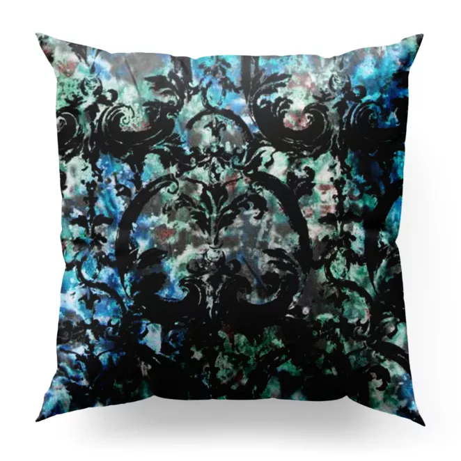 Poszewka szyta czarno turkusowa z grubej welwetowej tkaniny w duży ornamentowy wzór